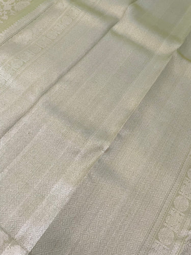ShopNaya Exclusive | Metallic Kanchipuram Pure Silk Saree | Pastel Green | Pure Silver Zari | Handwoven | Ships from California